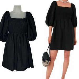 TUCKERNUCK Women Sz S Black Annie‎ Smocked Puffed Sleeves Linen Mini Dress